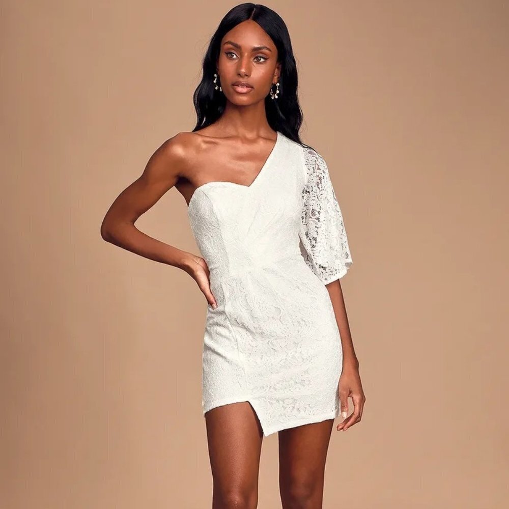 NWT Lulu's Be My Sweetheart White Lace One-Shoulder Mini Dress size small